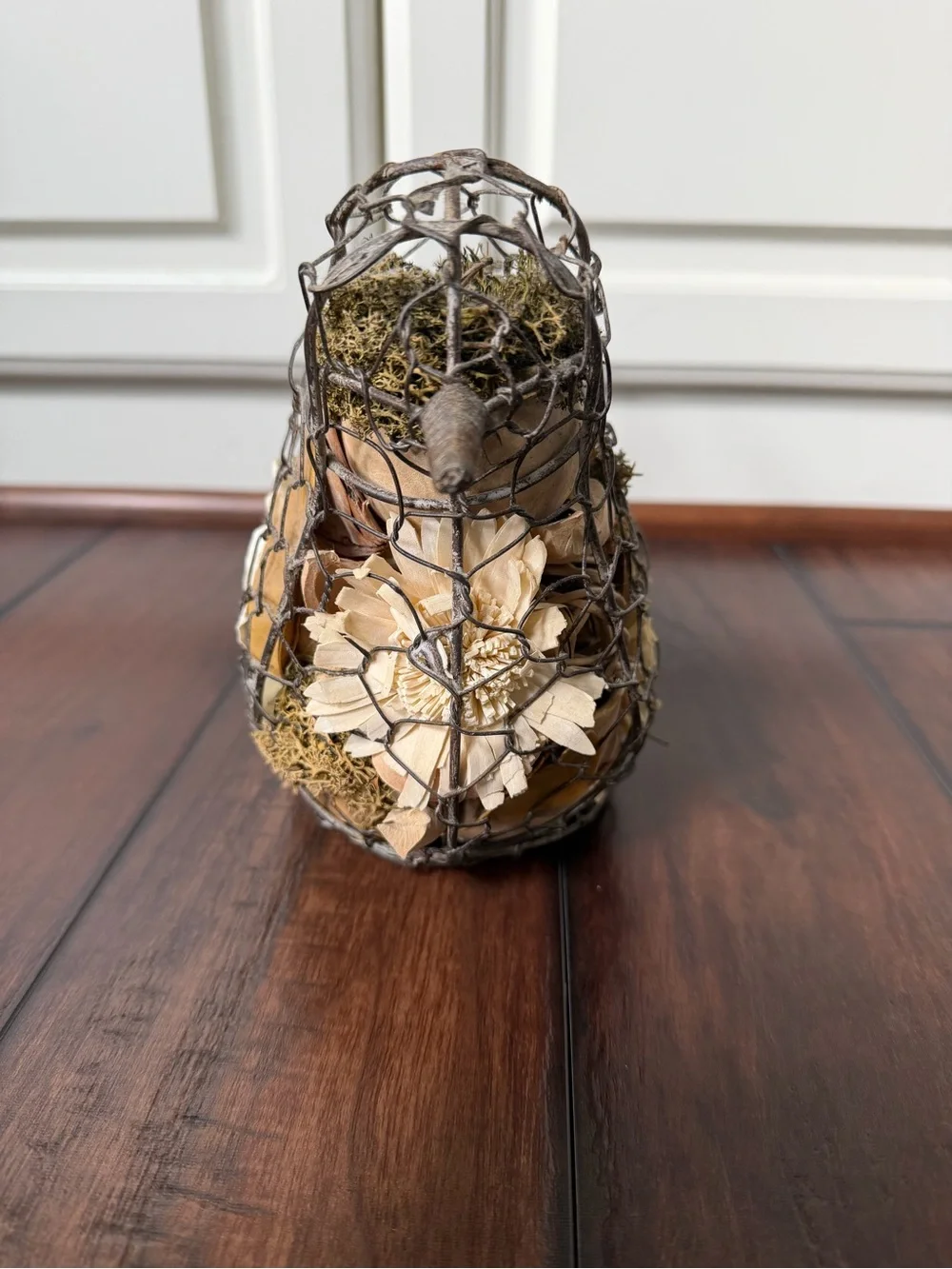 Wire Bird Decorative Sculpture with Cream & Tan Floral Accents